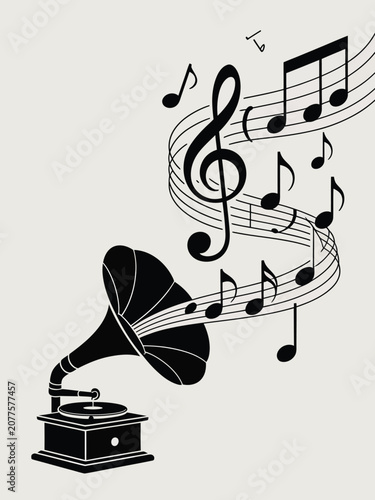 Classic gramophone plays music with flowing notes, symbolizing timeless melodies and auditory enjoyment