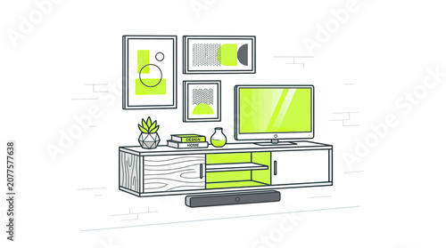 Fotografie Modern Living Room Media Console with TV and Artwork
