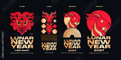 Canvas Print Lunar new year 2027 fire goat vector set for branding and social media with horo