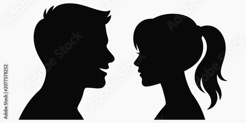 Bild auf Leinwand Black Silhouette Profile Of A Man And A Woman Facing Each Other On A White Backg