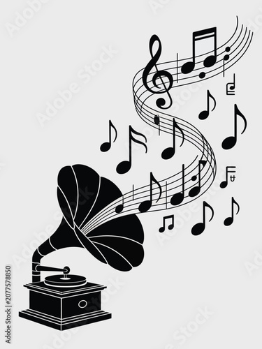Classic old fashioned phonograph plays music with elegant musical notes flowing from its large horn