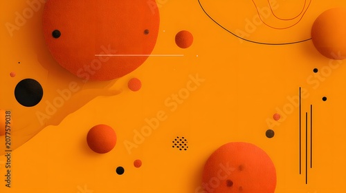 Abstract Orange Spheres and Geometric Shapes on a Vibrant Orange Background.