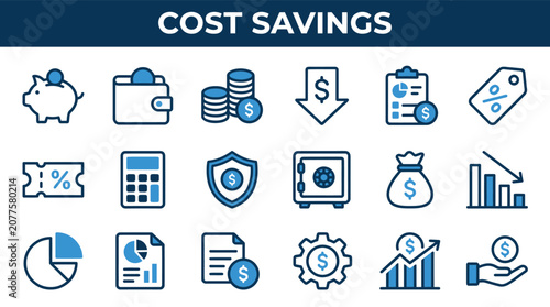 Cost savings line icons for financial management budget planning profit growth expense control money conservation wealth security banking insurance flat web design