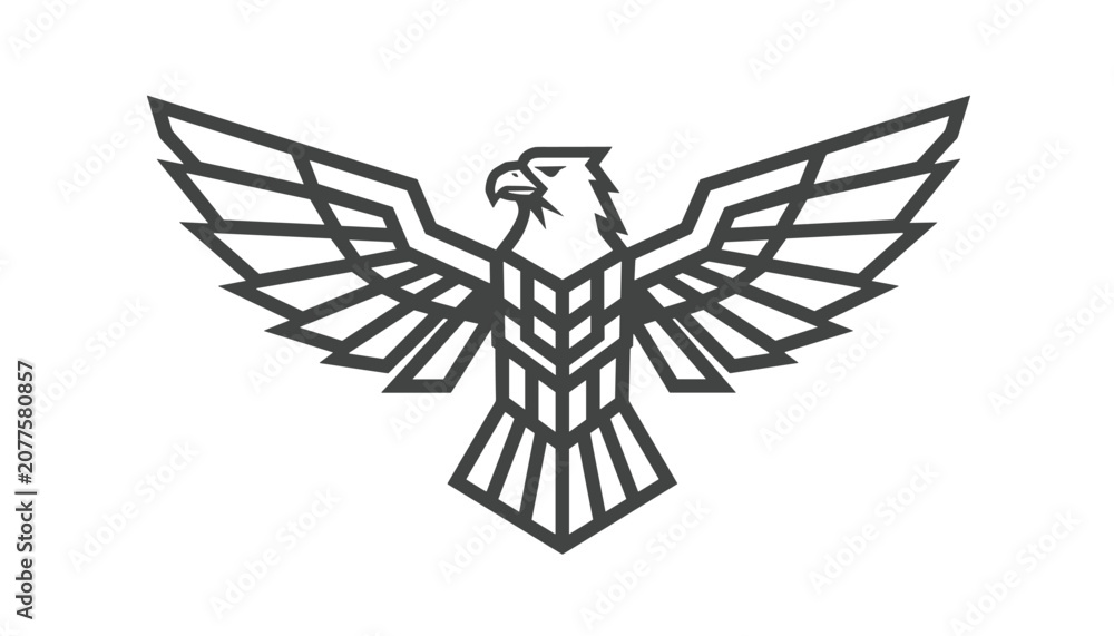 Fototapeta premium Geometric line art logo design of a powerful eagle symbol with symmetrical wide spread wings on white background.