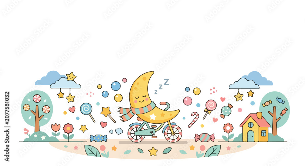 Naklejka premium A cute sleeping crescent moon wearing a scarf rides a candy-themed bicycle through a whimsical, pastel landscape filled with sweet treats.