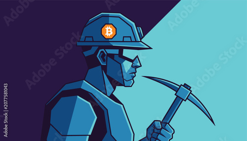 Futuristic crypto miner character wearing a hard hat with a bitcoin symbol and holding a classic pickaxe tool.