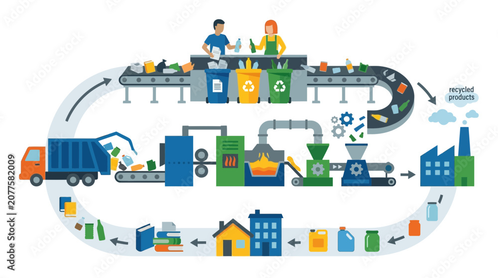 Naklejka premium Recycling Process Illustration: From Collection to New Products