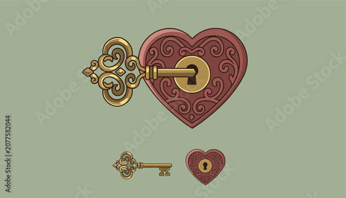 Ornate vintage golden key inserted into a red heart shaped padlock, concept of love or unlocking secrets, pixel art vector illustration.