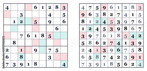 Konstfotografi Sudoku puzzle grids with colored highlights for solving techniques