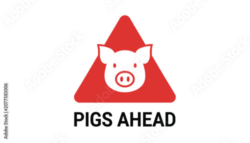 Road warning sign with a white pig face inside a red triangle above the text pigs ahead on a white background.