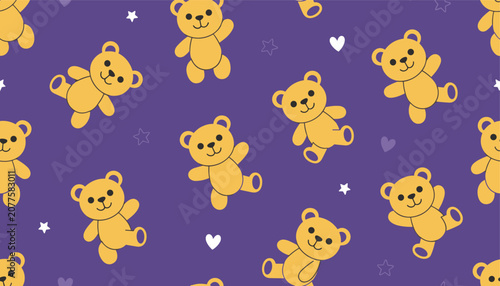 Seamless vector pattern of cute yellow teddy bears with small white hearts and stars on a purple background.
