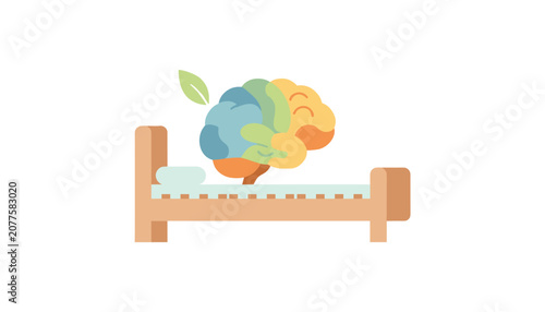 Human brain cartoon character sleeping peacefully in a comfortable wooden bed to represent rest and mental health.