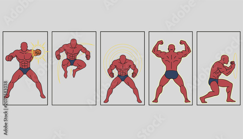 Red superhero character sprites displaying various action poses like punching, jumping, and flexing muscles.