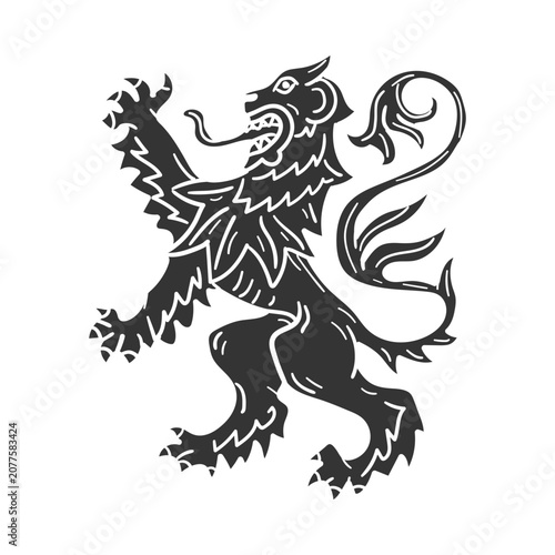 Scottish heraldic lion rampant black and white vector doodle icon logo design silhouette