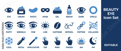 Beauty Eye Care Icon Set: Cream, Serum, Wrinkle, Dark Circle, Collagen, Caffeine