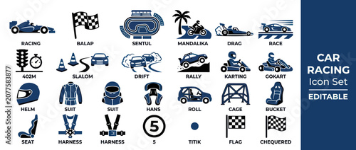 Car Racing Icons Set: Speed, Competition, and Motorsport Elements