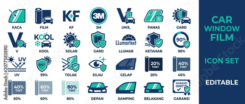 Car Window Film Icon Set: Tint, UV Protection, Heat Shield, Warranty