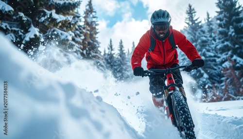 Man riding mountain bike snowy trail.
