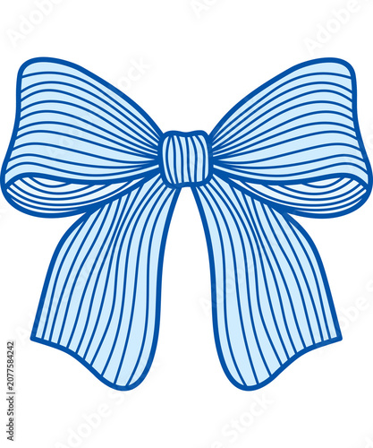 Hand drawn blue ribbon bow illustration, minimalist sketch style line art vector isolated on white background