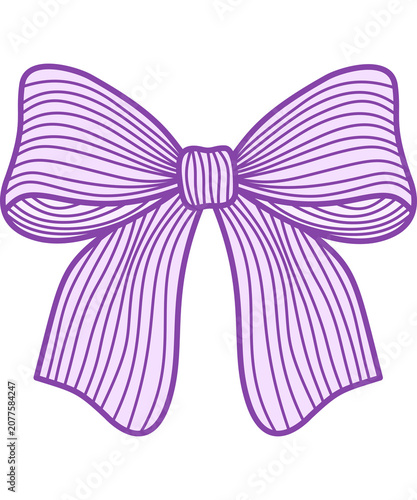 Hand drawn purple ribbon bow illustration, minimalist sketch style line art vector isolated on white background