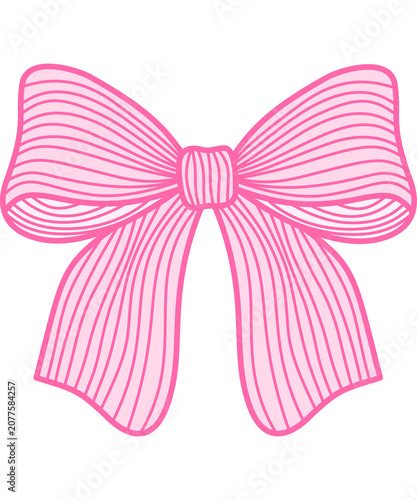 Hand drawn pink ribbon bow illustration, minimalist sketch style line art vector isolated on white background