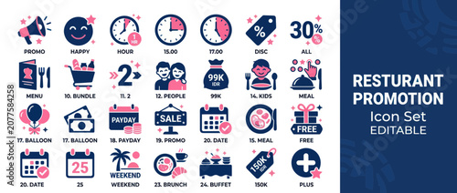 Restaurant Promotion Icons: Sale, Discount, Meal, Happy Hour, Calendar, Offerings