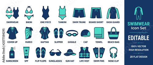 Swimwear Icon Set: Beach Vacation & Summer Clothing Essentials Collection