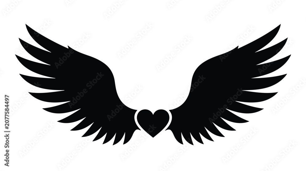 Fototapeta premium Black Heart with Wings Silhouette Vector Icon Love and Freedom Symbol Concept