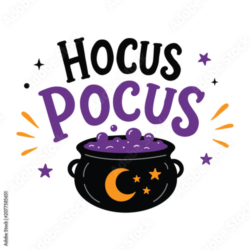 Hocus pocus halloween lettering with magic cauldron