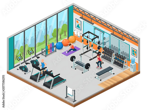 Isometric Gym Interior – Modern Fitness Center Vector Illustration
