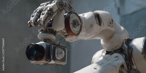 Robot hand holding a camera with a metallic grip and robotic arm.