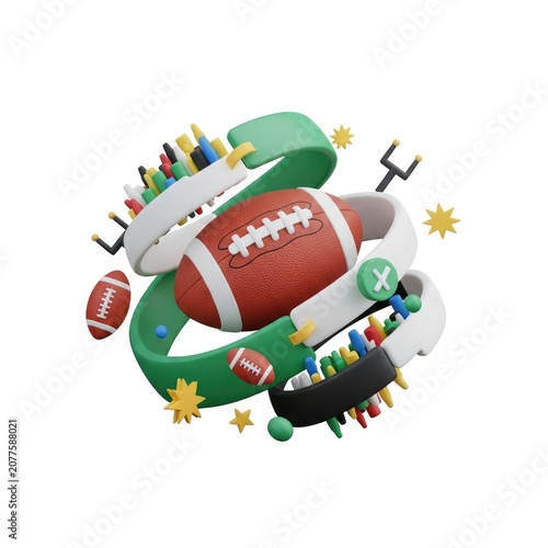 3D Render of American Football Theme with Balls, Goalposts, and Ribbons.
