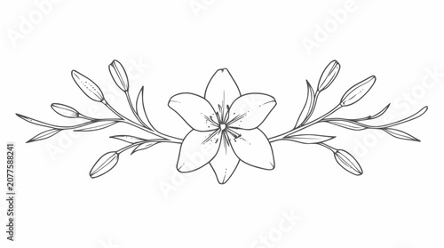Delicate floral bloom centered by leafy sprigs in a minimalist line art drawing.