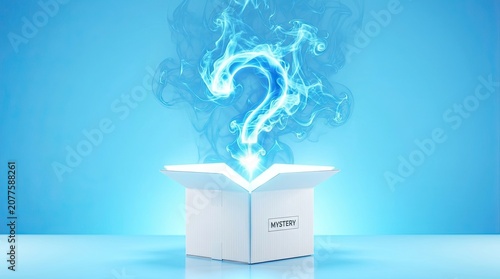 Mysterious glowing question mark emerges from open box labeled mystery