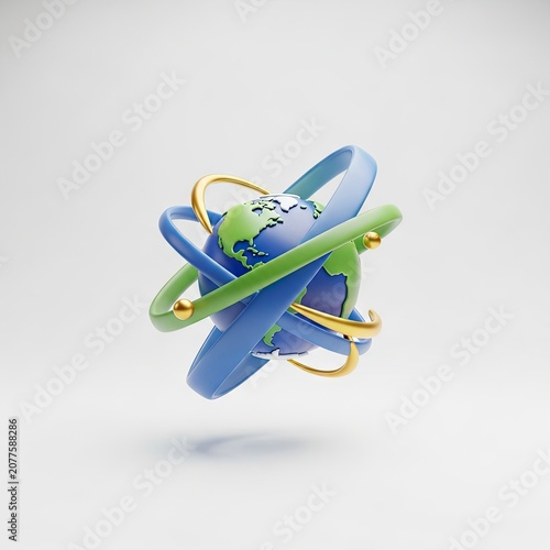 Abstract 3D Earth Globe with Orbiting Rings on White Background.