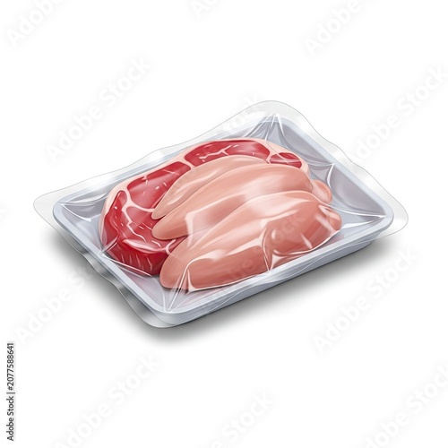 Fresh Raw Meat and Chicken Fillet in Vacuum Pack Tray.