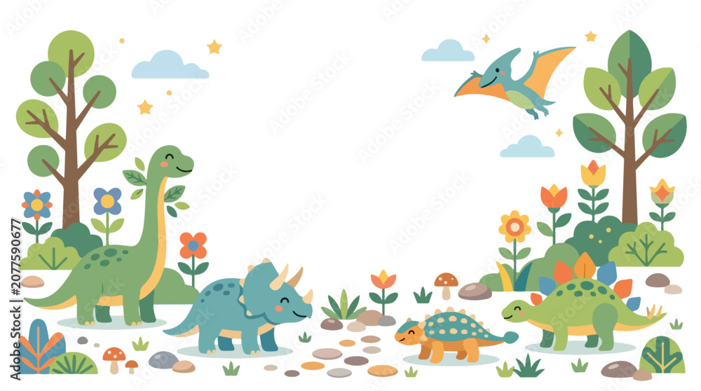 Fototapeta premium A colorful vector illustration featuring adorable cartoon dinosaurs roaming through a vibrant prehistoric forest filled with trees and flowers.