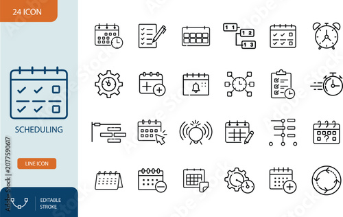 Scheduling Line Icons Set, Time Management and Calendar Planner Outline Symbols. Editable stroke. Vector illustration