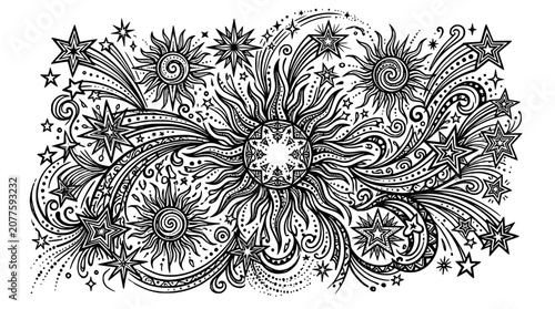 Bild auf Leinwand Celestial Sunburst and Star Swirls Illustration - Black and White Cosmic Design