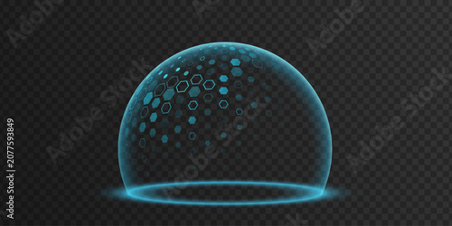 Futuristic holographic shield dome with glowing blue edges and hexagonal digital pattern on transparent background. Protective energy barrier symbolizing cybersecurity or data protection. Vector.