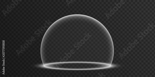 Protective dome with a soft white glowing edge and luminous base on a transparent dark background. Futuristic design representing security, protection and holographic energy shield. Vector.