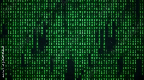 Obraz na płótnie Digital Binary Code Background with Glowing Green Matrix Data Stream Effect
