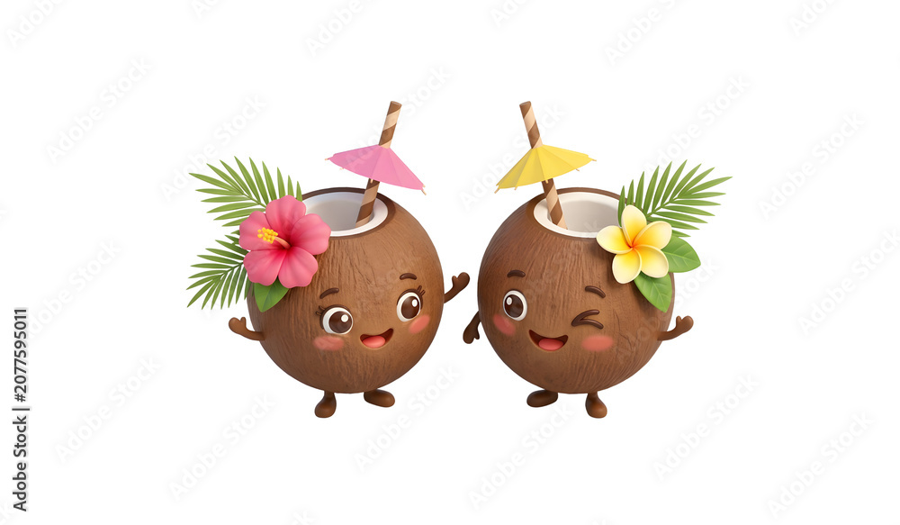 Naklejka premium Two Cute 3D Tropical Coconut Characters with Cocktails and Flowers