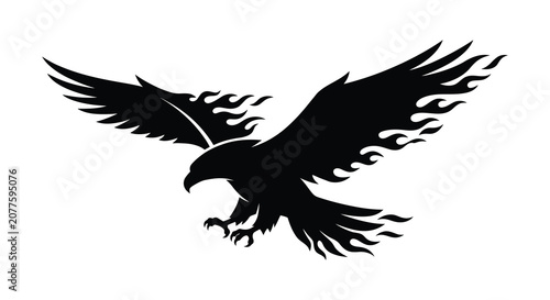 Obraz na płótnie Soaring eagle with flame shaped feathers depicted as a black silhouette bird pre