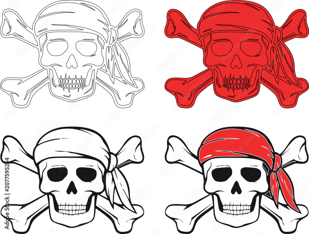 Fototapeta premium Pirate skull and crossbones vector set with red bandana