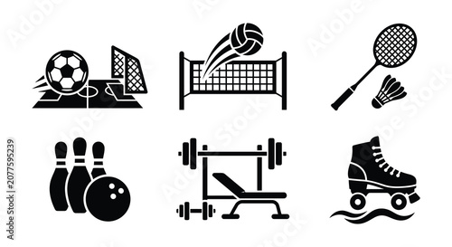 Konstfotografi Sport Equipment Icons Black Silhouette Set On White Background