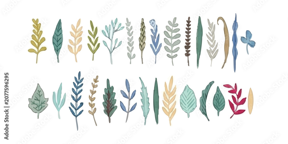 Obraz premium Set of hand drawn leaves and branches in various shapes and artistic styles