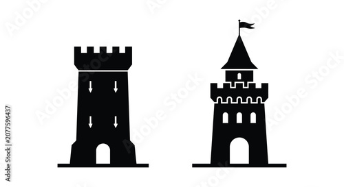 Photos Two black castle silhouettes with crenellations and arched doorways against a wh