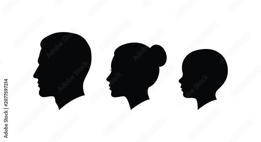 Fototapeta premium Four human head silhouettes depicting different ages and hairstyles black on white silhouette profile face faces portrait headshot