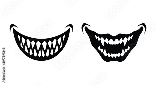 Two grinning mouth silhouettes with sharp teeth against a white background silhouette grin smile fangs monster creature horror